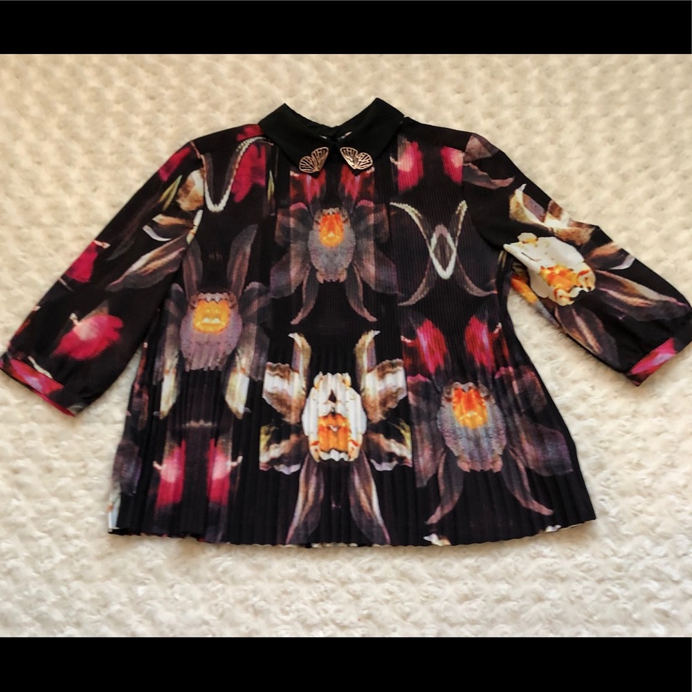 Ted Baker Black Floral Pleated Blouse with Decorative Collar